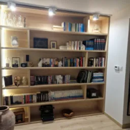 Jasna, drewniana biblioteczka na wymiar z oświetleniem punktowym, wypełniona książkami, dekoracjami i antykami, w tym maską wenecką i starą maszyną do pisania.