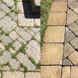 Damian Gradowski - Porównanie fragmentu kostki brukowej przed i po czyszczeniu: po lewej stronie kostka porośnięta zielenią, po prawej - czysta, z widoczną fakturą kamienia.