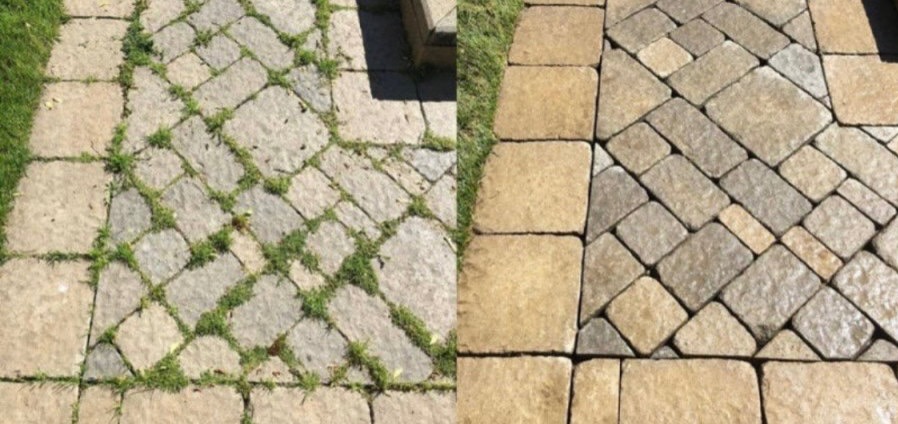 Porównanie fragmentu kostki brukowej przed i po czyszczeniu: po lewej stronie kostka porośnięta zielenią, po prawej - czysta, z widoczną fakturą kamienia.