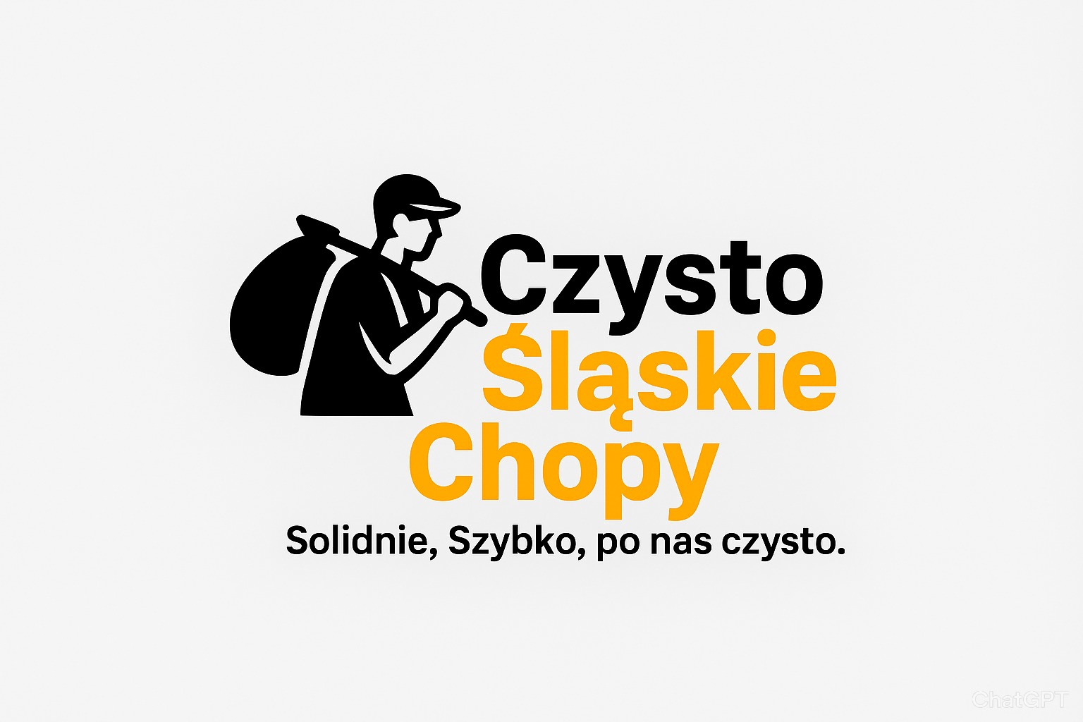 Grafika: logo firmy 'Czysto Śląskie Chopy'. Sylwetka mężczyzny z workiem na plecach, nazwa firmy w kolorach czarnym i pomarańczowym, hasło: Solidnie, Szybko, po nas czysto.