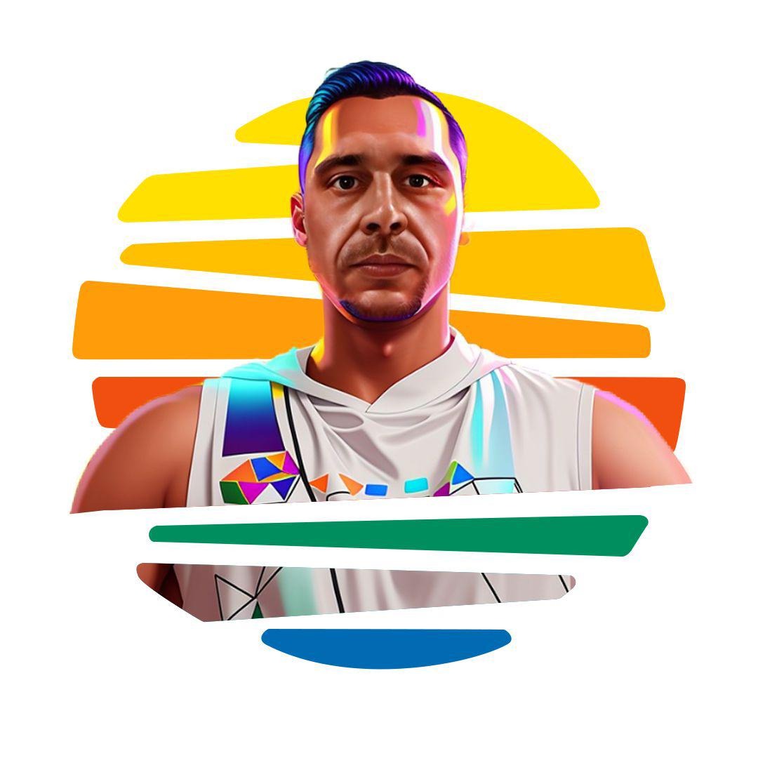 Portret mężczyzny z kolorowym tłem w stylu grafiki wektorowej, ubrany w białą bluzę z geometrycznymi wzorami.