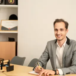 Uśmiechnięty mężczyzna w szarej marynarce siedzi przy biurku, pisząc coś na kartce żółtym ołówkiem. Na półce w tle widoczny certyfikat w złotej ramce.