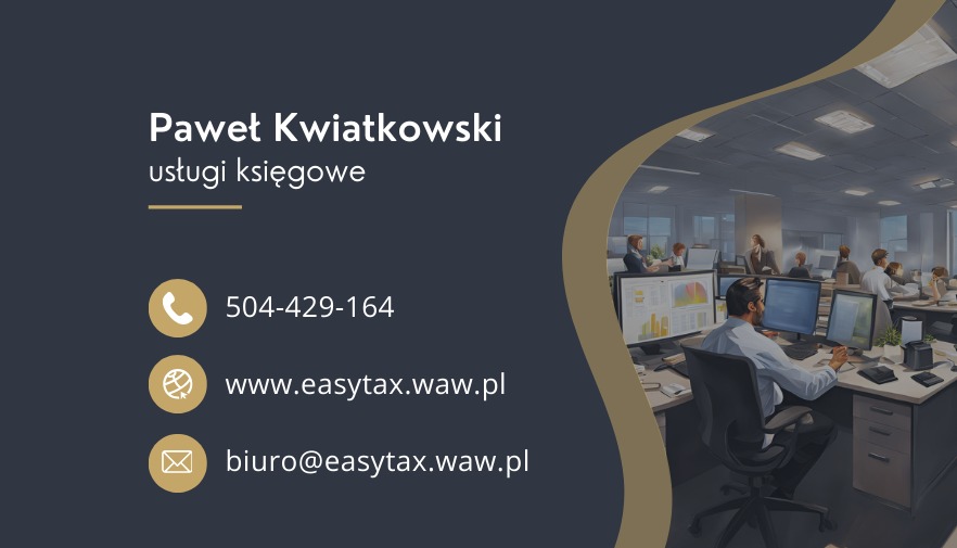 Wizytówka z danymi kontaktowymi do Pawła Kwiatkowskiego, oferującego usługi, na tle biura z pracownikami przy komputerach.