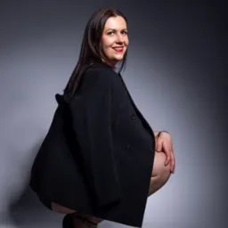 Kobieta w czarnym żakiecie i szpilkach, kucająca na szarym tle, z czerwonymi ustami i patrząca przez ramię.