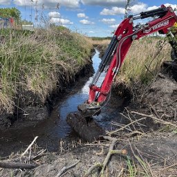 Apimelio - Czerwony minikoparka Yanmar w trakcie czyszczenia rowu melioracyjnego, usuwając dużą kłodę drewna, z widocznymi brzegami rowu i roślinnością.