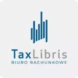 Logo 'TaxLibris Biuro Rachunkowe' na szarym tle. Niebieski symbol graficzny przypomina wykres słupkowy. Nazwa firmy w kolorze niebieskim, poniżej dopisek 'BIURO RACHUNKOWE'.