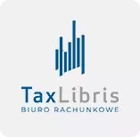 Logo 'TaxLibris Biuro Rachunkowe' na szarym tle. Niebieski symbol graficzny przypomina wykres słupkowy. Nazwa firmy w kolorze niebieskim, poniżej dopisek 'BIURO RACHUNKOWE'.
