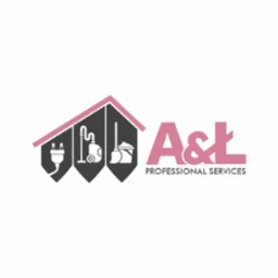 Logo firmy A&L Professional Services z ikonami: wtyczka, odkurzacz, mop z wiadrem. Całość w kształcie domu z różowym dachem.