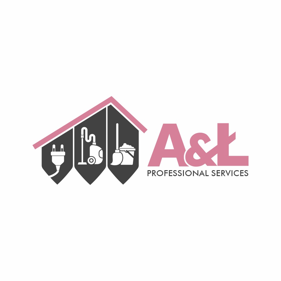 Logo firmy A&L Professional Services z ikonami: wtyczka, odkurzacz, mop z wiadrem. Całość w kształcie domu z różowym dachem.
