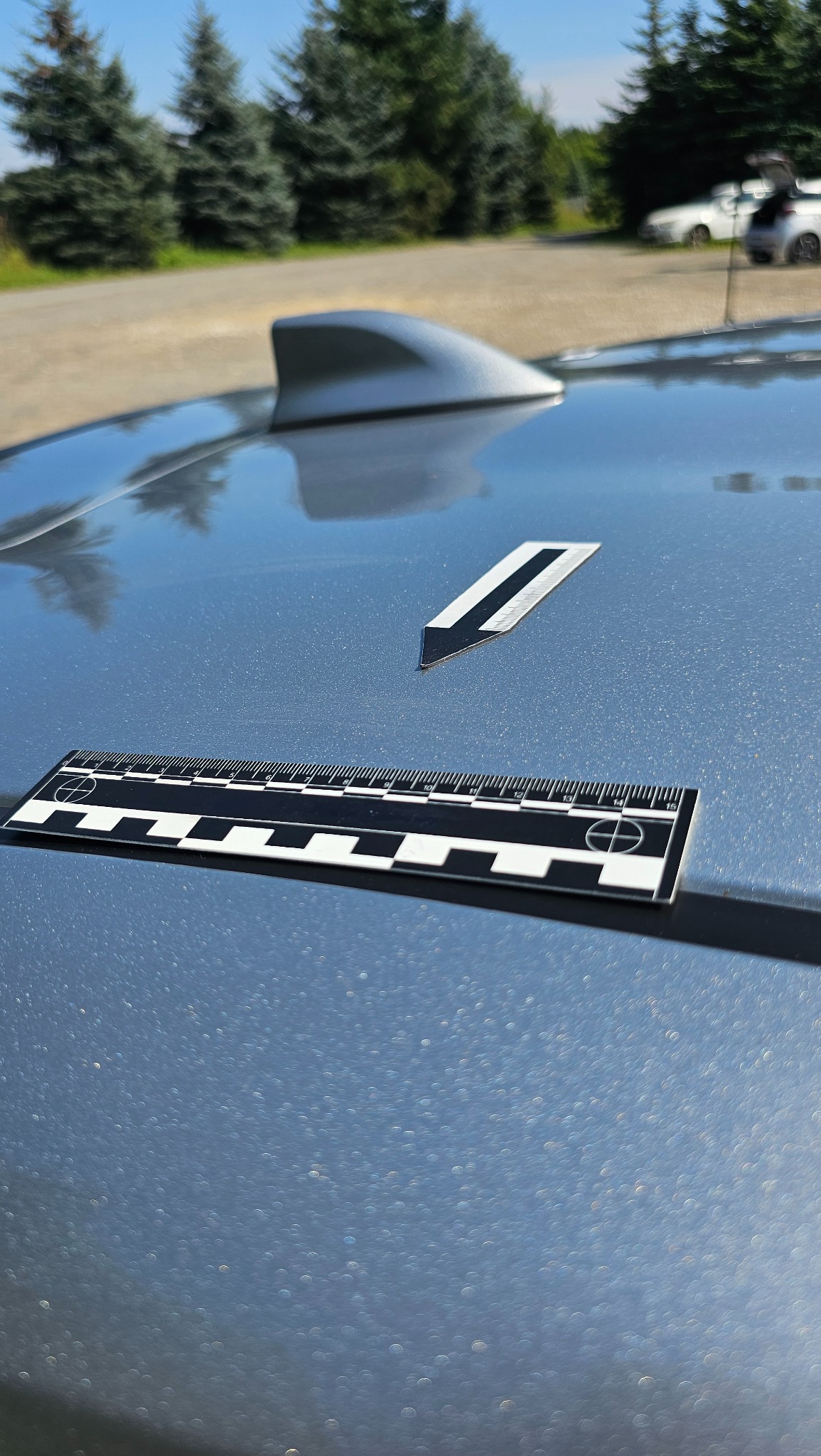 Błyszczący dach samochodu z widoczną płetwą rekina i naklejonymi paskami pomiarowymi o wzorze szachownicy, sugerującymi pomiar uszkodzeń lakieru.