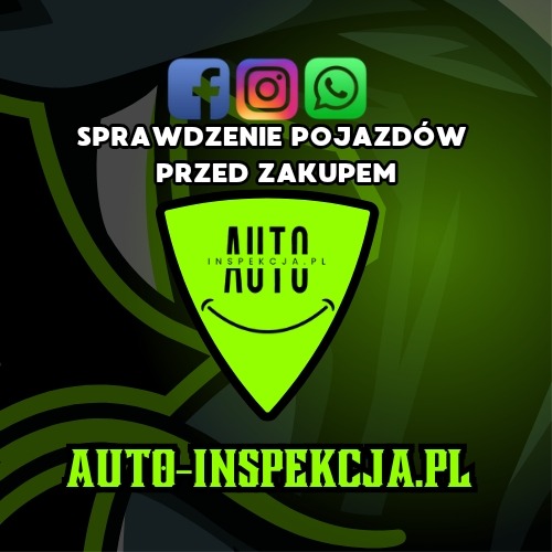 Grafika reklamowa z logo Auto-Inspekcja.pl, informująca o usłudze sprawdzenia pojazdów przed zakupem, z ikonami mediów społecznościowych Facebook, Instagram i WhatsApp w górnej części.
