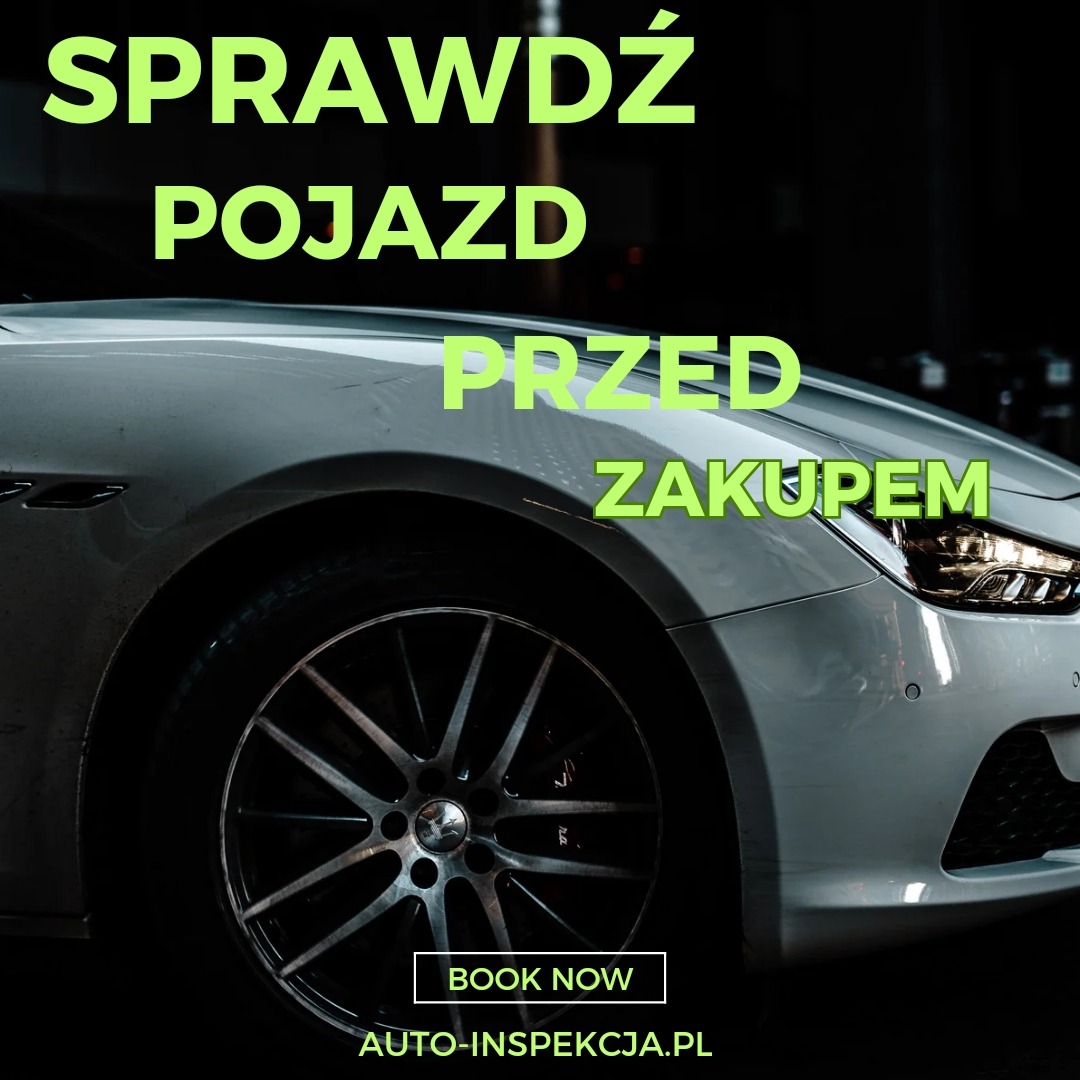 Fragment nadwozia i koła nowoczesnego, srebrnego samochodu z napisem 'Sprawdź pojazd przed zakupem' oraz adresem strony internetowej auto-inspekcja.pl.