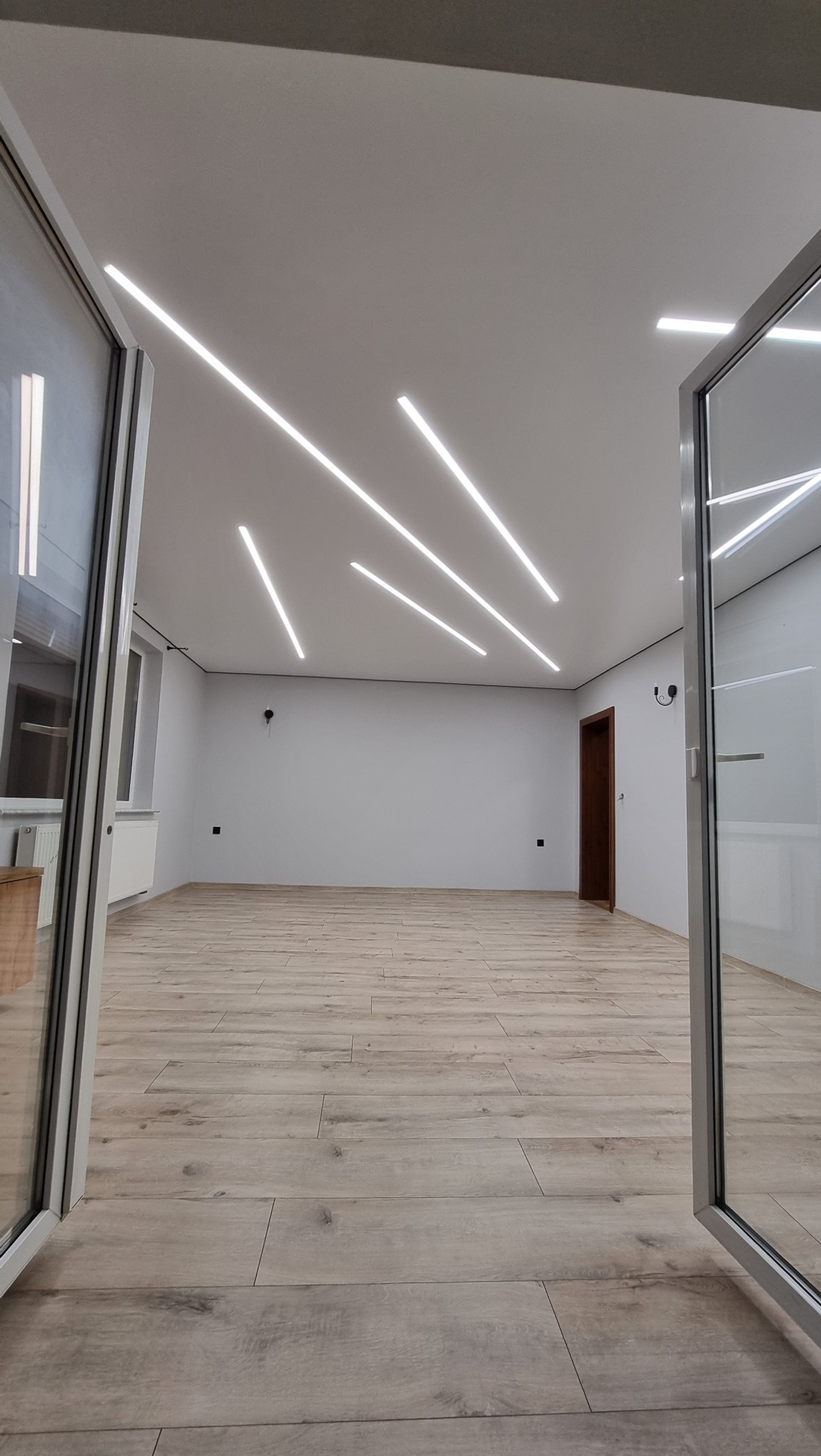 Nowoczesne oświetlenie sufitowe z podłużnymi lampami LED w pustym, jasnym pomieszczeniu z drewnopodobną podłogą i otwartymi szklanymi drzwiami.