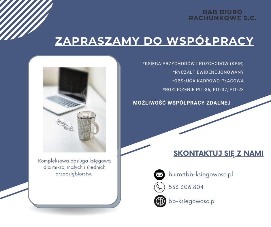 Grafika reklamowa biura rachunkowego z laptopem, okularami i kubkiem pary na biurku, zapraszająca do współpracy w zakresie prowadzenia ksiąg przychodów i rozchodów, ryczałtu, obsługi...