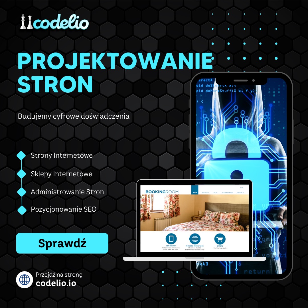 Grafika reklamowa firmy Icodelio prezentująca projektowanie stron internetowych, z widocznym laptopem wyświetlającym stronę rezerwacji pokoi hotelowych i smartfonem z motywem bezpieczeństwa danych.