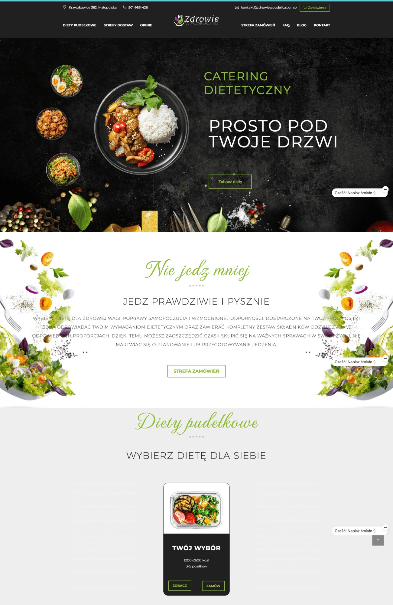 Strona internetowa firmy Zdrowie w Pudełku prezentująca catering dietetyczny z hasłem 'Prosto pod Twoje Drzwi' i ofertą diet pudełkowych.
