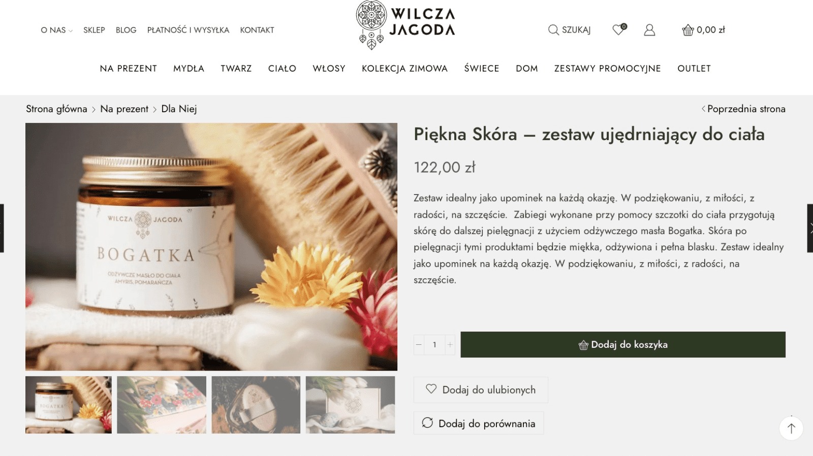 Strona internetowa sklepu wilczajagoda.love prezentująca zestaw kosmetyków do pielęgnacji ciała 'Piękna Skóra' z masłem Bogatka, szczotką i kwiatami.