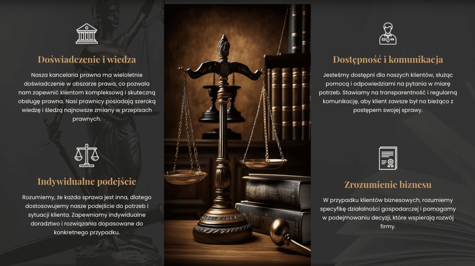 Grafika z motywem prawnym: waga sprawiedliwości, tomy książek i młotek sędziowski na ciemnym tle, nawiązująca do usług prawnych kancelarii.