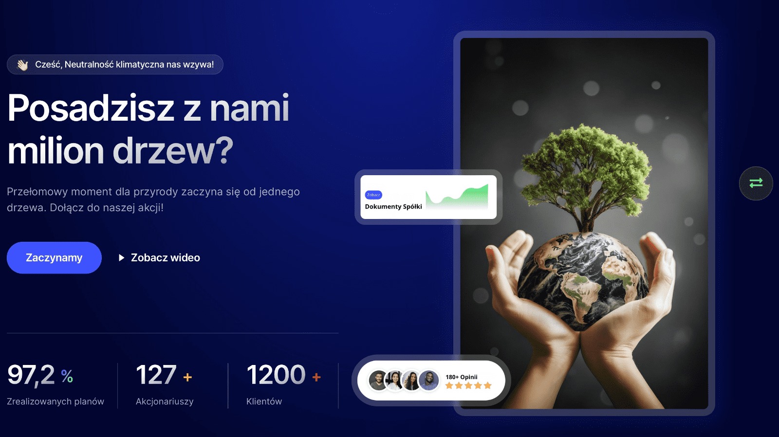 Ilustracja strony internetowej z motywem ekologicznym: dłonie trzymające globus z wyrastającym drzewem, statystyki dotyczące zrealizowanych planów, akcjonariuszy i klientów. Hasło: 'Posadzisz...