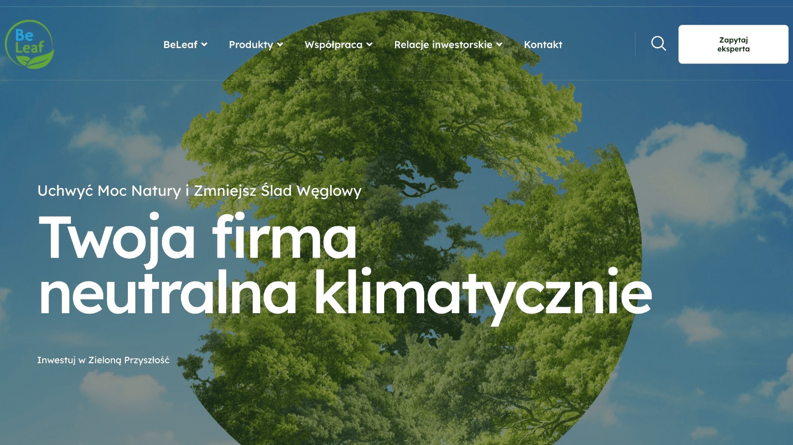 Strona internetowa beleafsa.pl z motywem drzewa i hasłem 'Twoja firma neutralna klimatycznie', podkreślającym ekologiczne podejście.