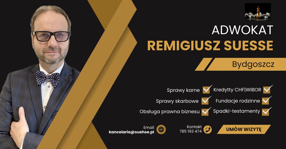 Portret adwokata Remigiusza Suesse na grafice reklamowej, z informacjami kontaktowymi i zakresem usług: sprawy karne, skarbowe, obsługa prawna biznesu, kredyty CHF/WIBOR, fundacje rodzinne...