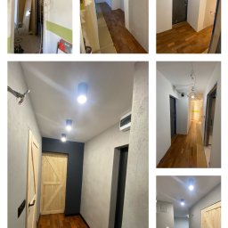 Mike. Elita w branży remontowej - Kolaż ukazujący korytarz w trakcie remontu i po jego ukończeniu: od surowych ścian i przewodów po położoną drewnianą podłogę, pomalowane ściany w odcieniach szarości, zamontowane drzwi...