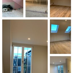 Mike. Elita w branży remontowej - Kolaż zdjęć z adaptacji poddasza: od surowej przestrzeni z odsłoniętą konstrukcją i narzędziami, przez etap budowy ścianek działowych, po wykończone wnętrze z drewnianą podłogą, oknami dachowymi...