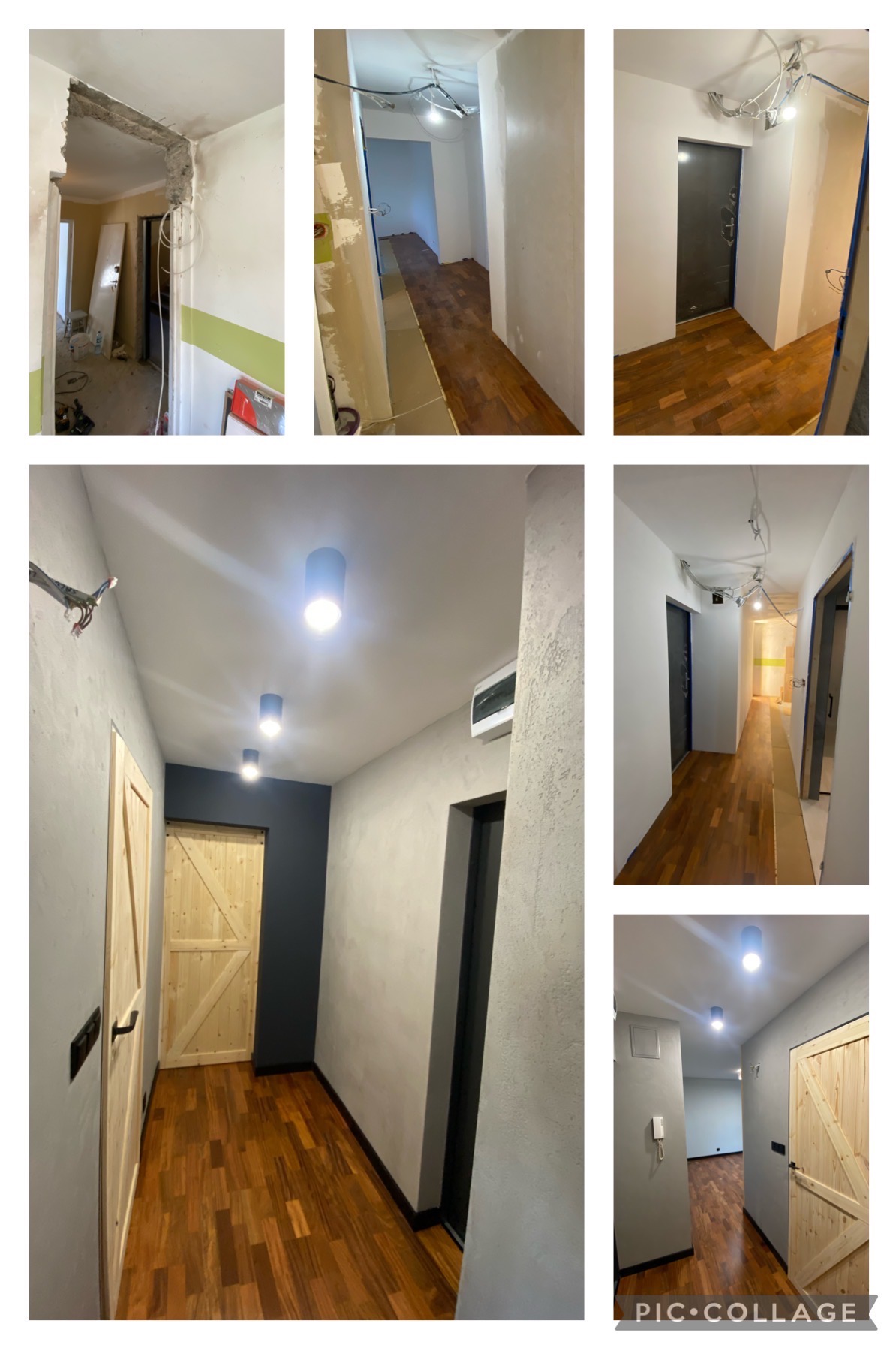 Kolaż ukazujący korytarz w trakcie remontu i po jego ukończeniu: od surowych ścian i przewodów po położoną drewnianą podłogę, pomalowane ściany w odcieniach szarości, zamontowane drzwi...