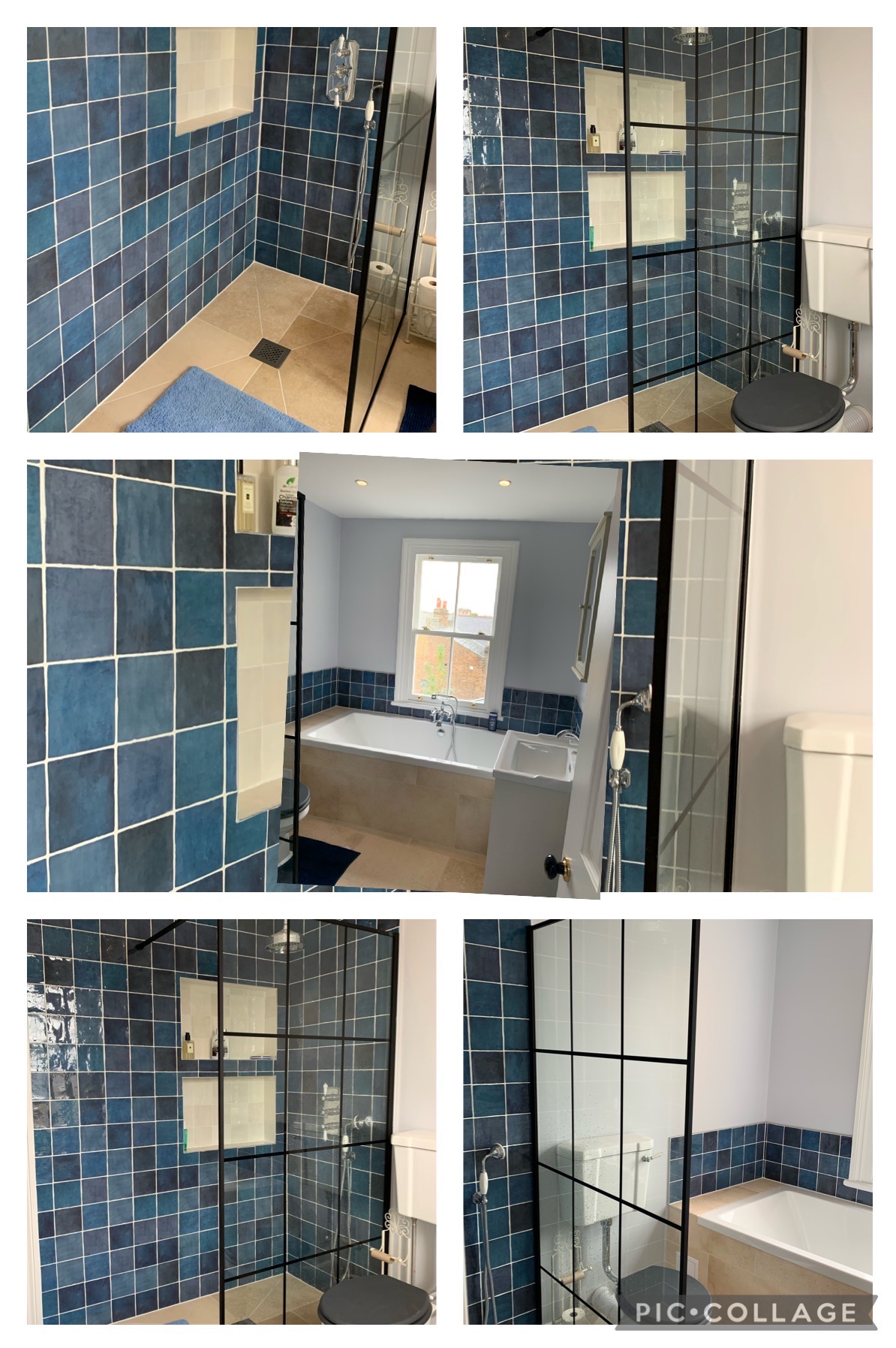 Wykończona łazienka w Bydgoszczy z kabiną prysznicową typu walk-in z czarnymi profilami, niebieskimi płytkami kwadratowymi z białymi fugami, beżową podłogą i wnękami na kosmetyki.