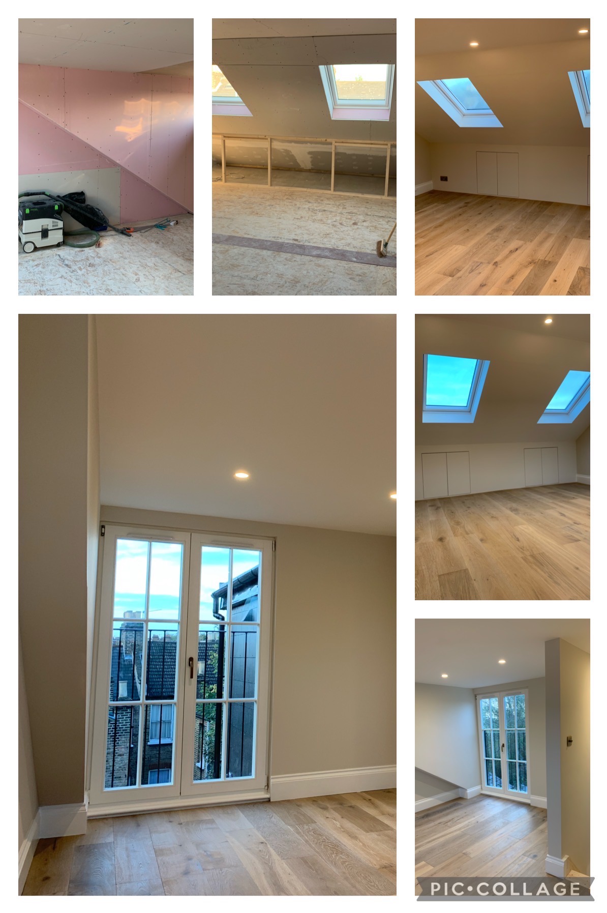 Kolaż zdjęć z adaptacji poddasza: od surowej przestrzeni z odsłoniętą konstrukcją i narzędziami, przez etap budowy ścianek działowych, po wykończone wnętrze z drewnianą podłogą, oknami dachowymi...