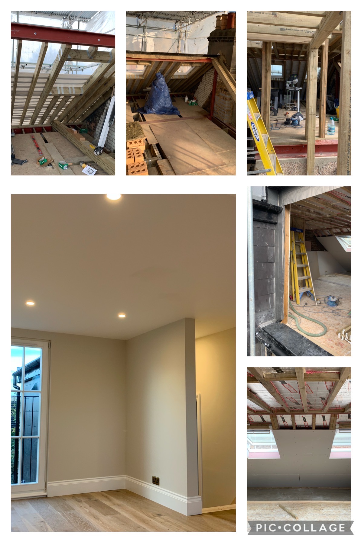 Kolaż zdjęć z przebiegu adaptacji poddasza: od konstrukcji szkieletowej i izolacji po wykończone wnętrze z drewnianą podłogą i oświetleniem punktowym.