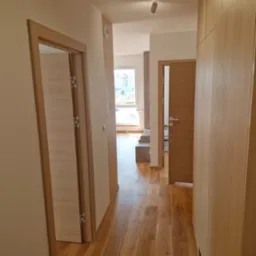 Korytarz w mieszkaniu z drewnianą podłogą, dwiema parami drzwi z drewnianymi ościeżnicami i zabudowaną szafą z jasnego drewna, oświetlony reflektorami sufitowymi.