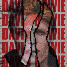 Ariel Burdziński - Stylizowany portret Davida Bowie z efektem rozdarcia i nałożonym tekstem w kolorze czerwonym, imitujący plakat z fakturą.