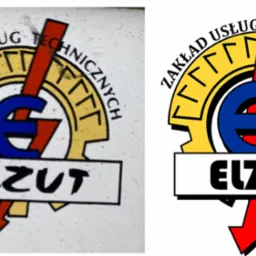 Logo firmy 'Zakład Usług Technicznych ELZUT' z symbolem błyskawicy przecinającej stylizowaną literę E na tle koła zębatego.