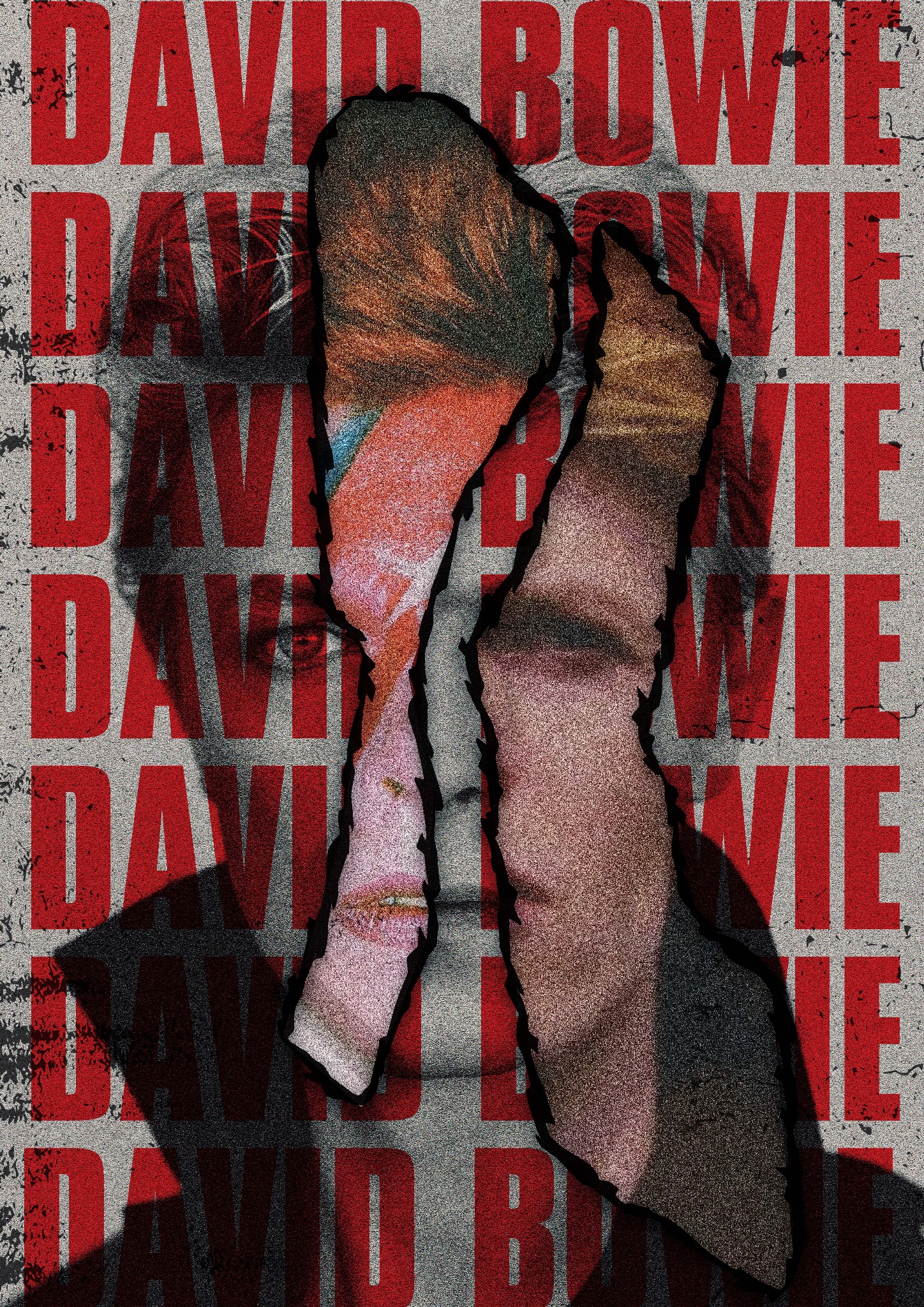 Stylizowany portret Davida Bowie z efektem rozdarcia i nałożonym tekstem w kolorze czerwonym, imitujący plakat z fakturą.