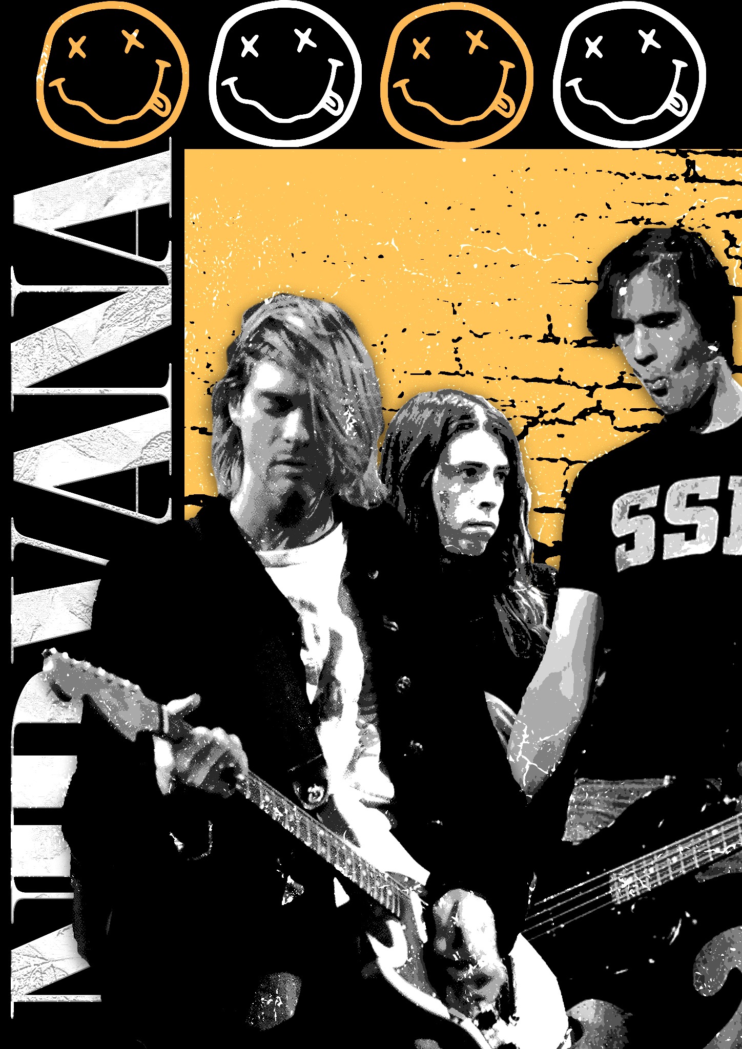 Czarno-biała grafika przedstawiająca zespół muzyczny z żółtym tłem w stylu grunge i charakterystycznym logo z uśmiechniętymi twarzami.