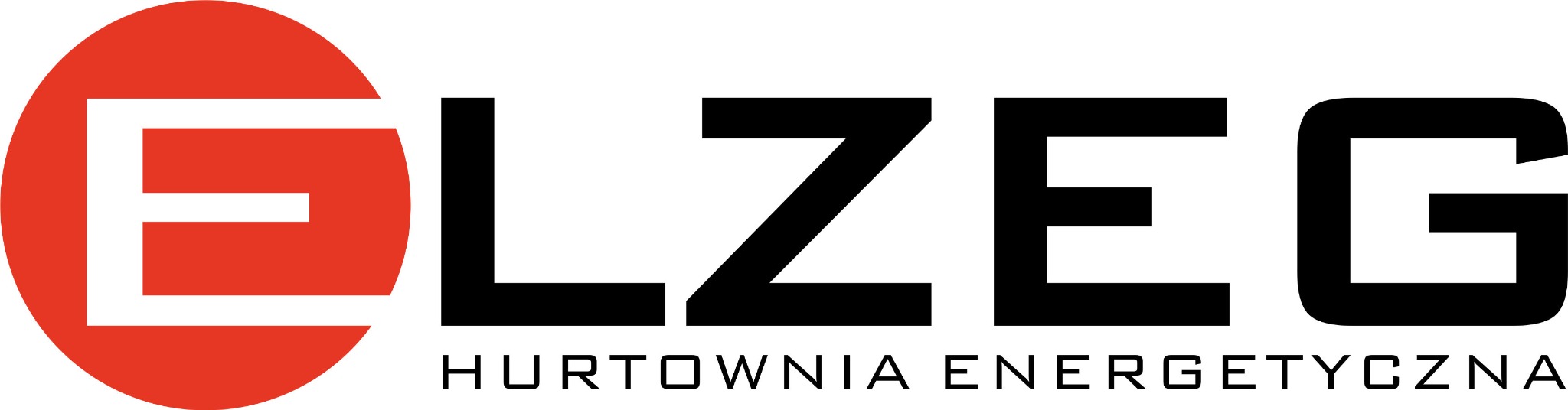 Logo firmy ELZEG Hurtownia Energetyczna z czerwonym okręgiem i grubą białą literą E na białym tle.