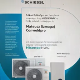 Certyfikat autoryzacji instalacji i serwisu pomp ciepła Hisense HVAC dla Mateusza Szmagaja Conweldpro, wydany przez Schiessl Polska, ważny do 2025-02-14.