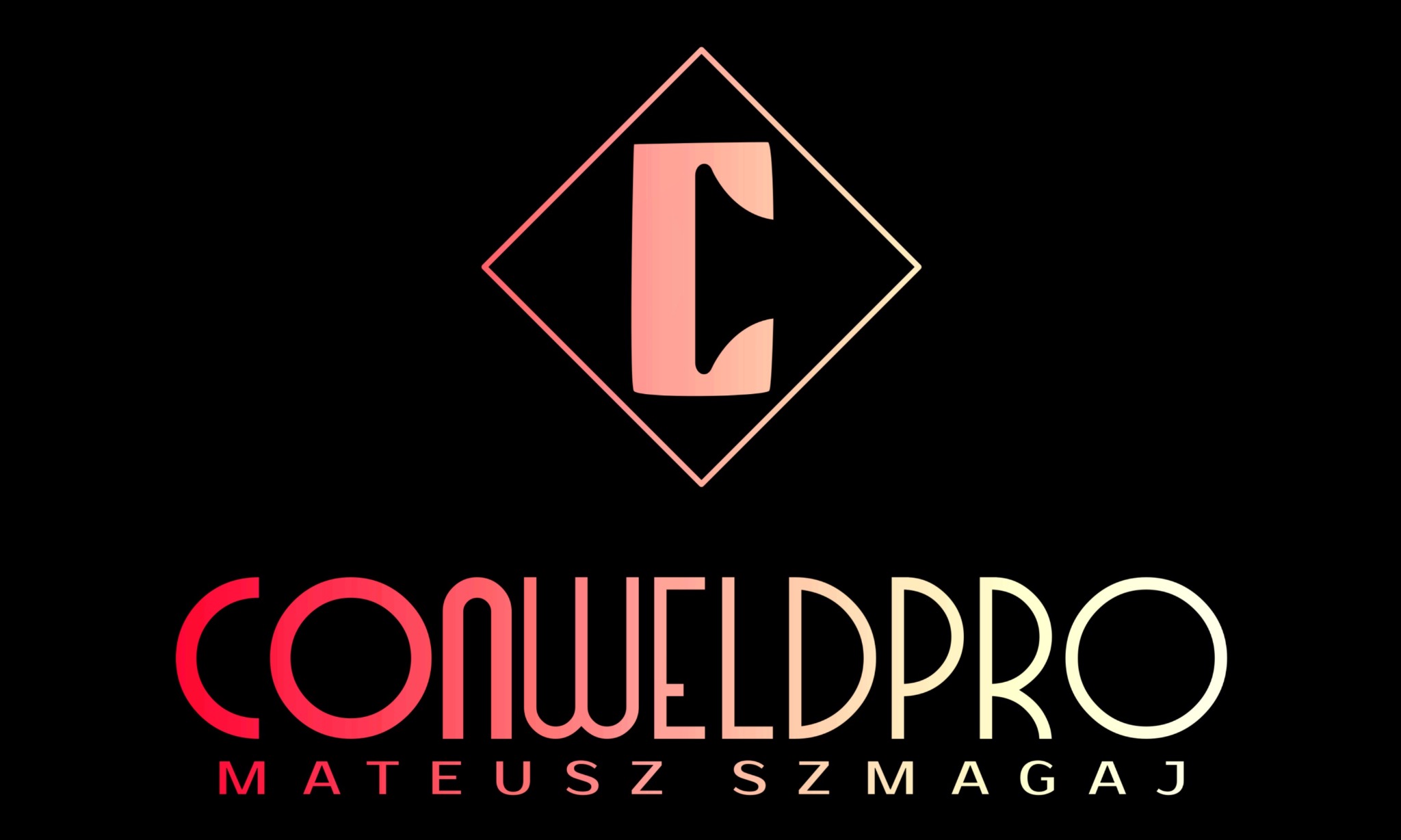 Logo firmy Conweldpro z literą C w rombie, nazwa firmy i imię oraz nazwisko Mateusz Szmagaj w gradientowych kolorach od czerwonego do żółtego na czarnym tle.