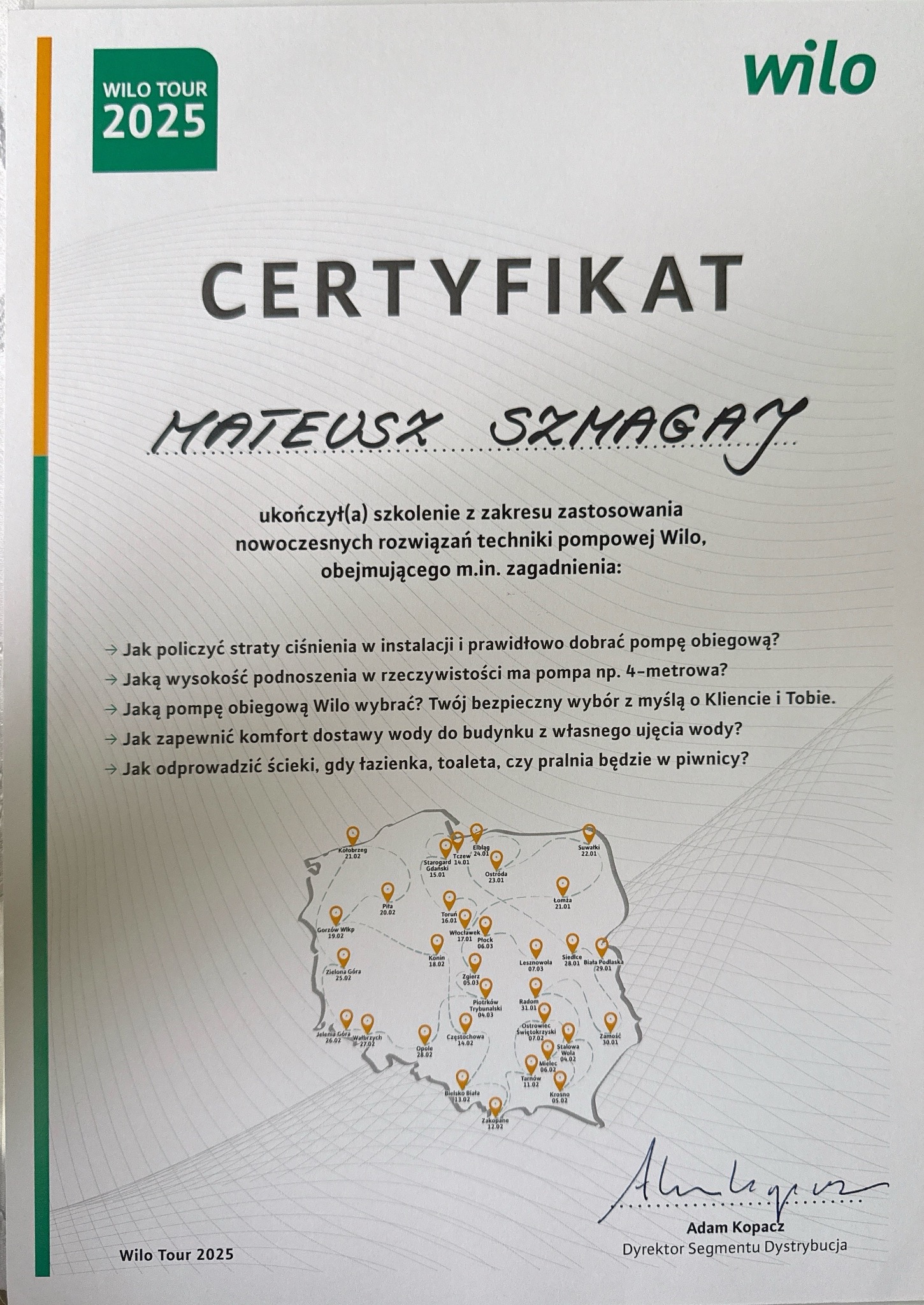 Certyfikat ukończenia szkolenia z techniki pompowej Wilo dla Mateusza Szmagaja z Władysławowa, potwierdzający wiedzę z zakresu doboru pomp obiegowych.