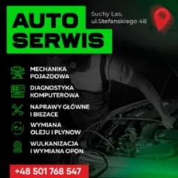 Grafika reklamowa warsztatu samochodowego z mechanikiem pochylonym nad silnikiem, widoczne logo i adres w Suchym Lesie, ul. Stefanskiego 48, oraz numer telefonu.