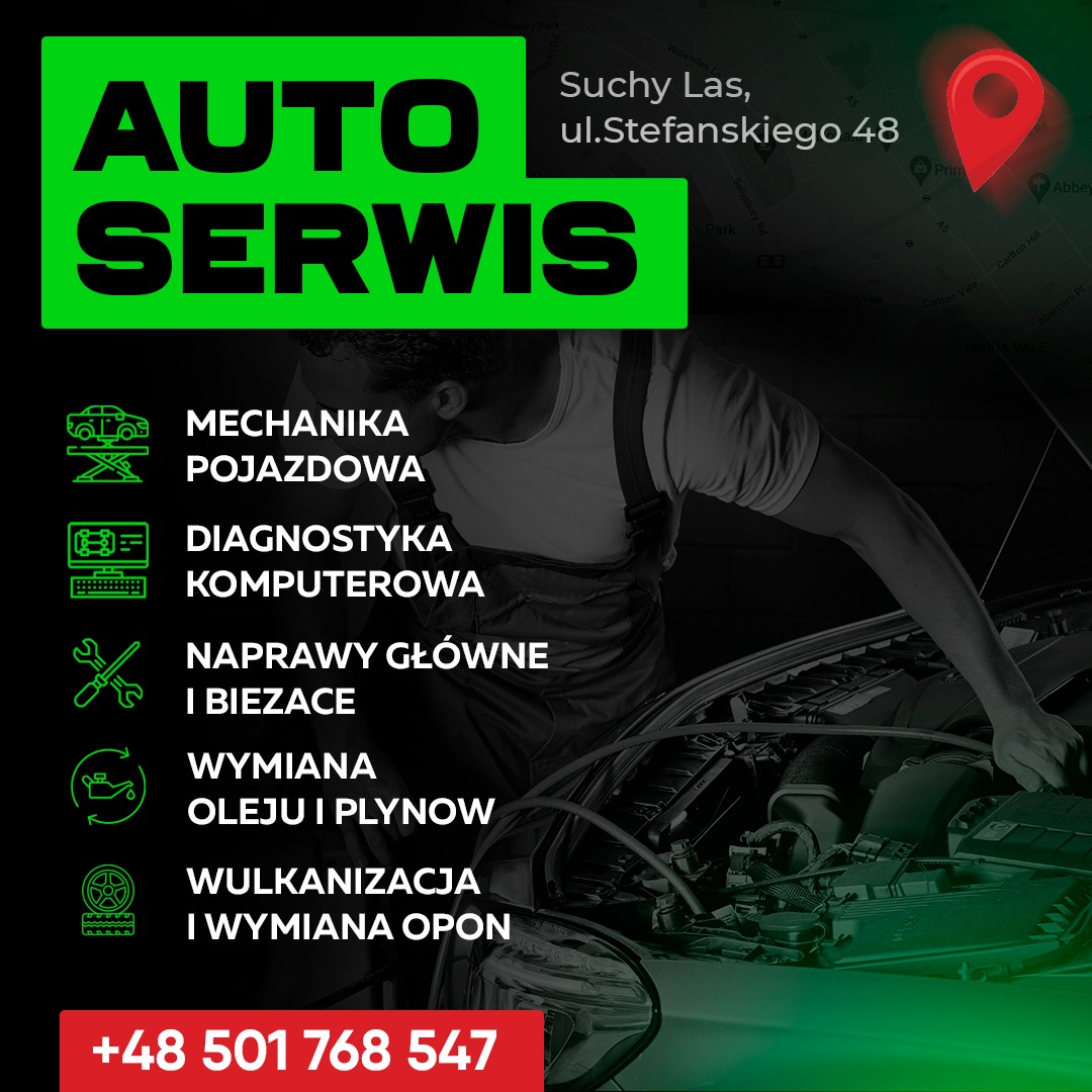Grafika reklamowa warsztatu samochodowego z mechanikiem pochylonym nad silnikiem, widoczne logo i adres w Suchym Lesie, ul. Stefanskiego 48, oraz numer telefonu.