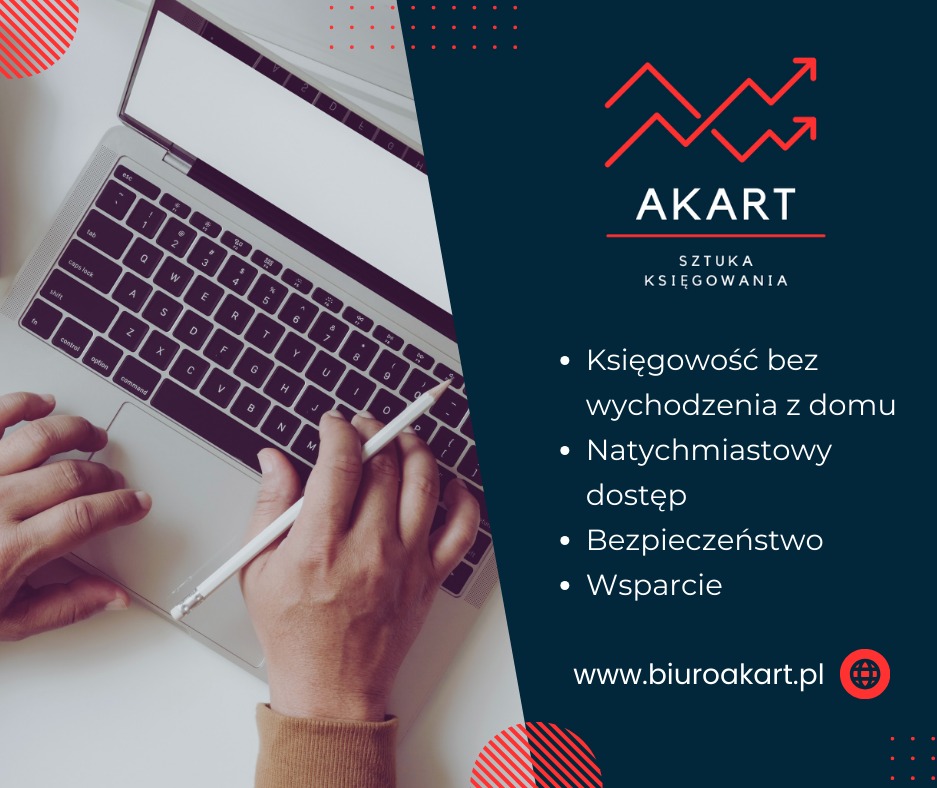 Laptop z otwartą klapą, na klawiaturze leżą dłonie, w jednej dłoni biały rysik, obok logo firmy AKART oferującej księgowość online.