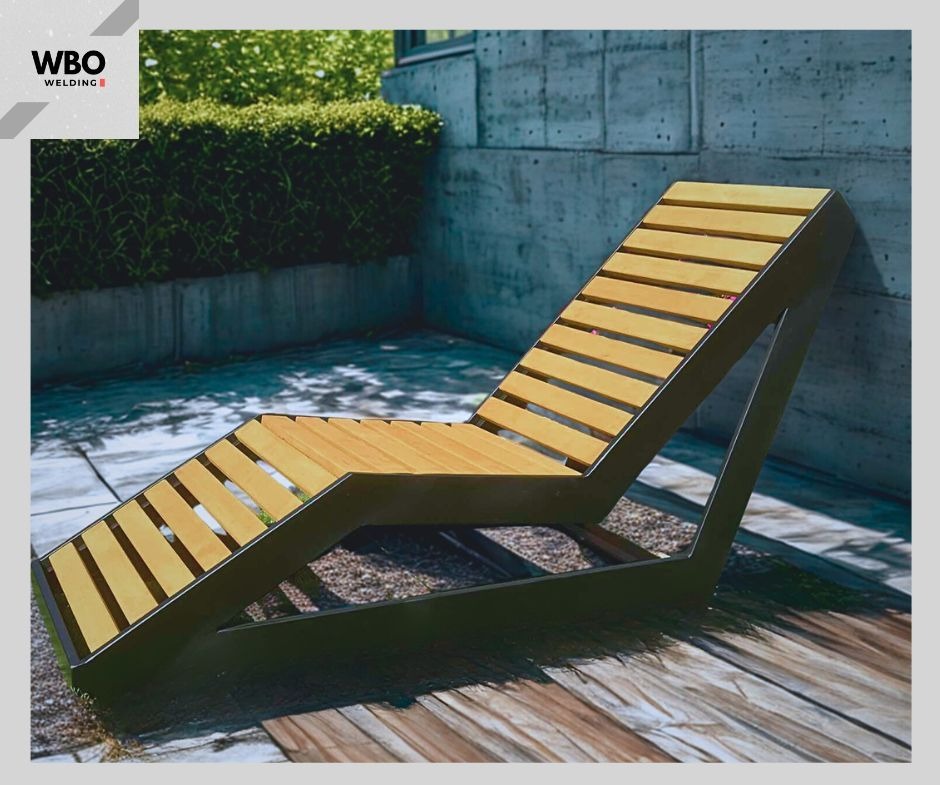 Nowoczesny leżak ogrodowy z drewnianymi listwami i metalową ramą, ustawiony na tarasie z betonową ścianą w tle. Minimalistyczny design i precyzyjne wykonanie.