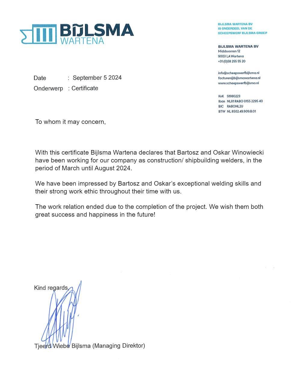 Certyfikat od Bijlsma Wartena potwierdzający umiejętności spawaczy Bartosza i Oskara Winowieckich, z datą 5 września 2024, z podpisem Tjeerda Wiebe Bijlsma.