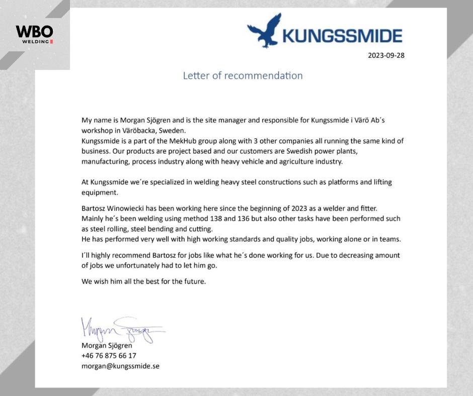 List rekomendacyjny dla spawacza Bartosza Winowieckiego od firmy Kungssmide, potwierdzający jego umiejętności i doświadczenie w spawaniu ciężkich konstrukcji stalowych.