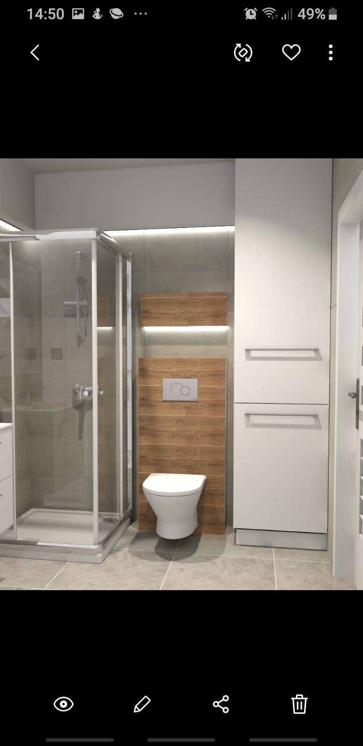 Nowoczesna aranżacja łazienki w Poznaniu: kabina prysznicowa z szarymi płytkami, wisząca toaleta z drewnianym panelem podświetlonym LED, białe szafki łazienkowe.