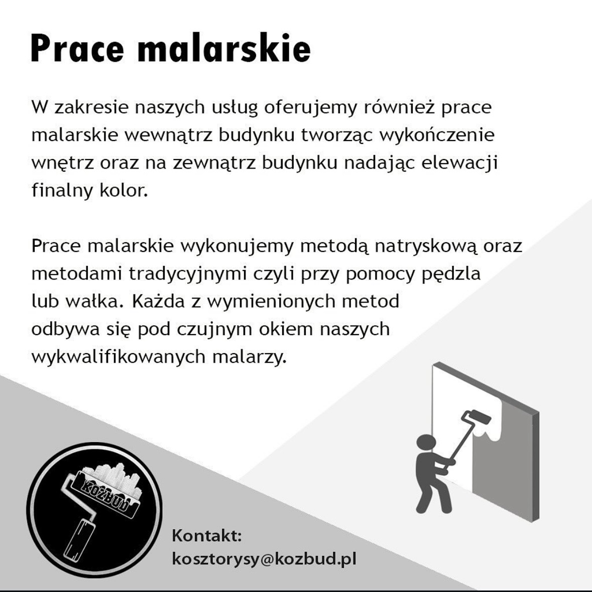 Grafika reklamowa firmy oferującej usługi malarskie, przedstawiająca tekst informacyjny, logo firmy Kozbud oraz ikoniczny rysunek malarza malującego ścianę wałkiem.