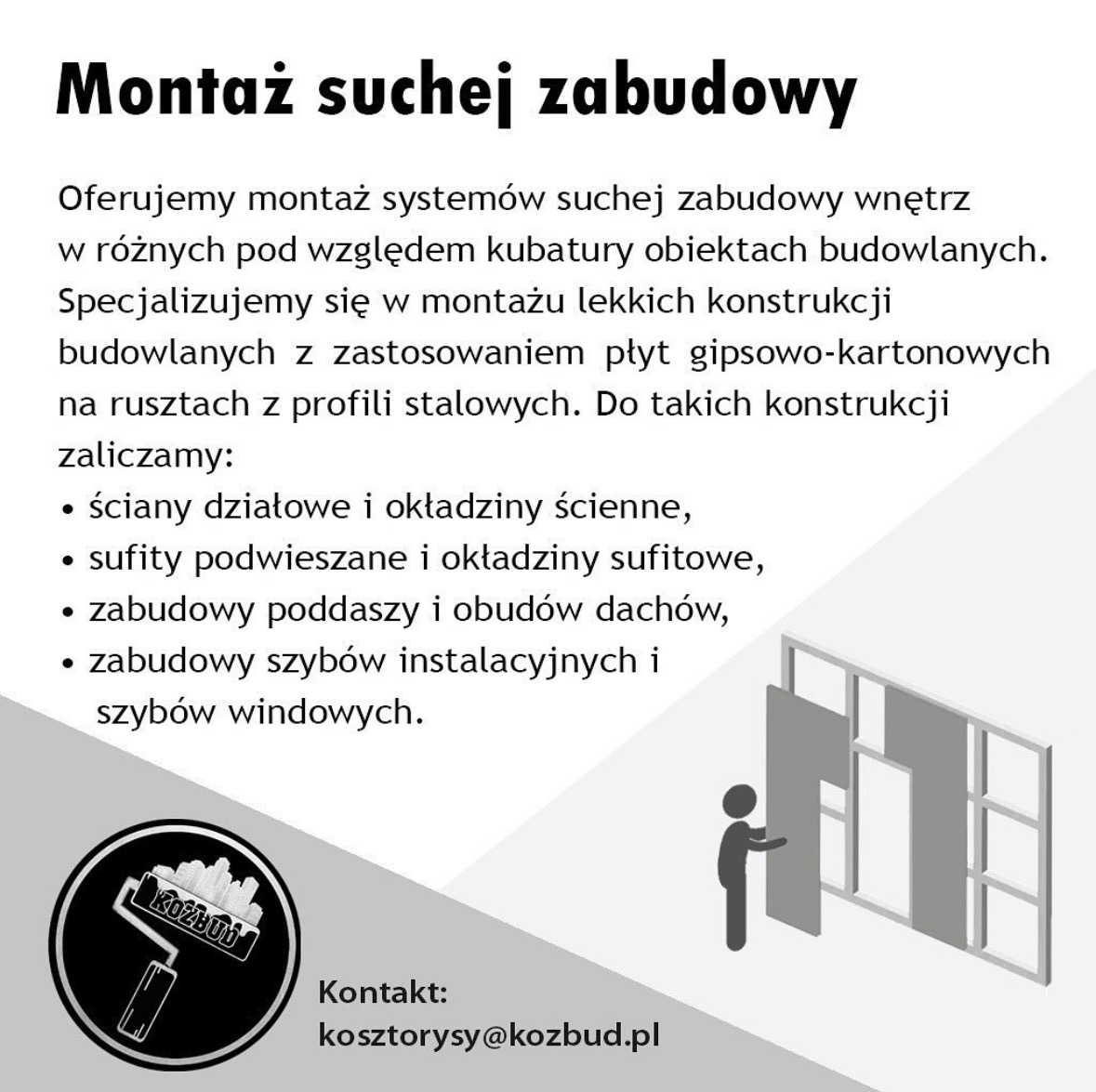 Grafika reklamowa firmy budowlanej Kozbud prezentująca ofertę montażu suchej zabudowy wnętrz z płyt gipsowo-kartonowych na stalowych rusztach, obejmującą ściany działowe, sufity podwieszane...
