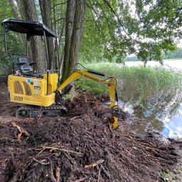 MM - Żółta mini koparka na brzegu jeziora, wykonująca prace ziemne w pobliżu trzcin i drzew.